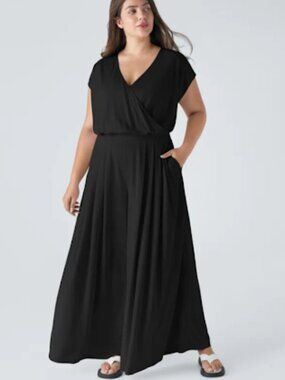 NWT Halara V Neck Short Sleeve Pocket Wide Leg Waffle Black Jumpsuit 2X